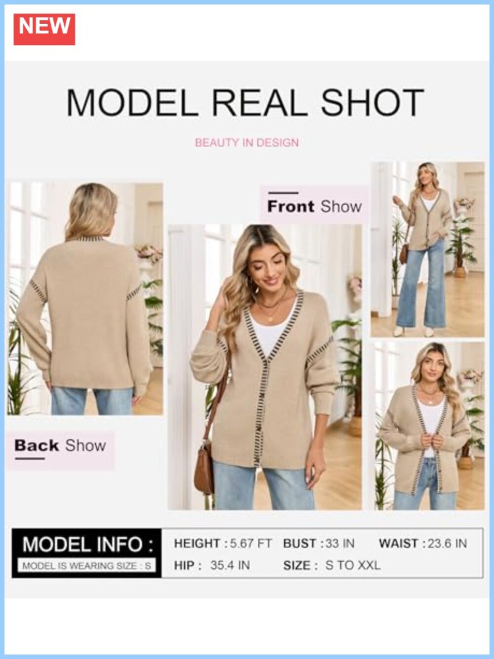 Oversized V-Neck Button Front Cardigan Sweater with Stripe Trim - Picture 3 of 6